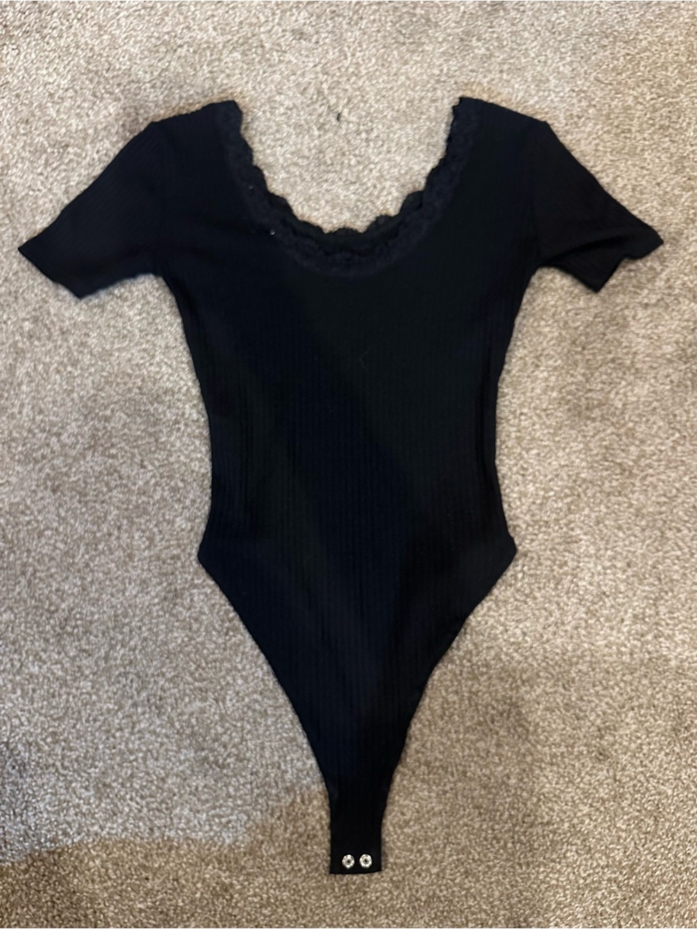 Hooked Up by IOT Black Ribbed Lace-Trim Bodysuit